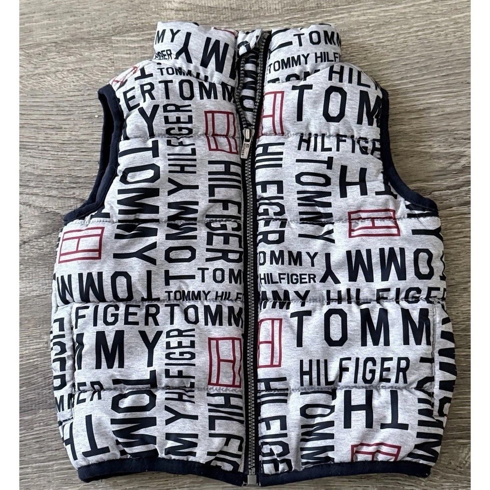 Tommy Hilfiger Baby Puffer Vest 12M Gray Logo Print Full Zip Lightweight